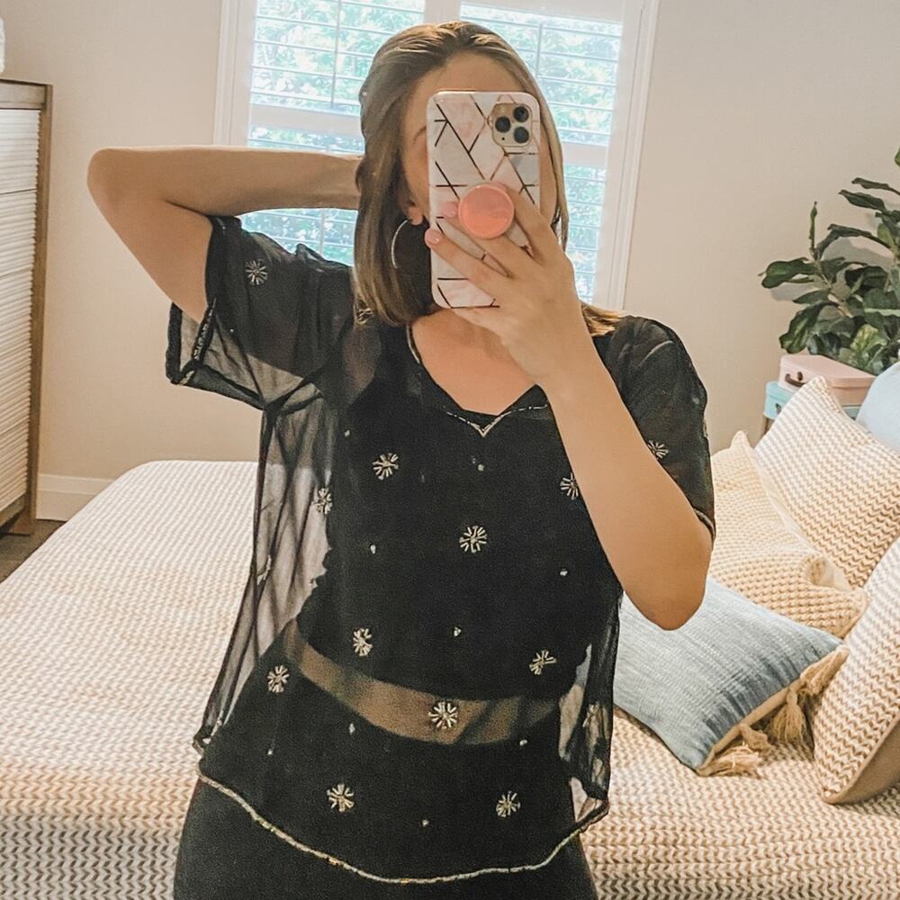 Vintage Carmen Marc Volvo Black Beaded Sheer Shirt Short Sleeved Top Small